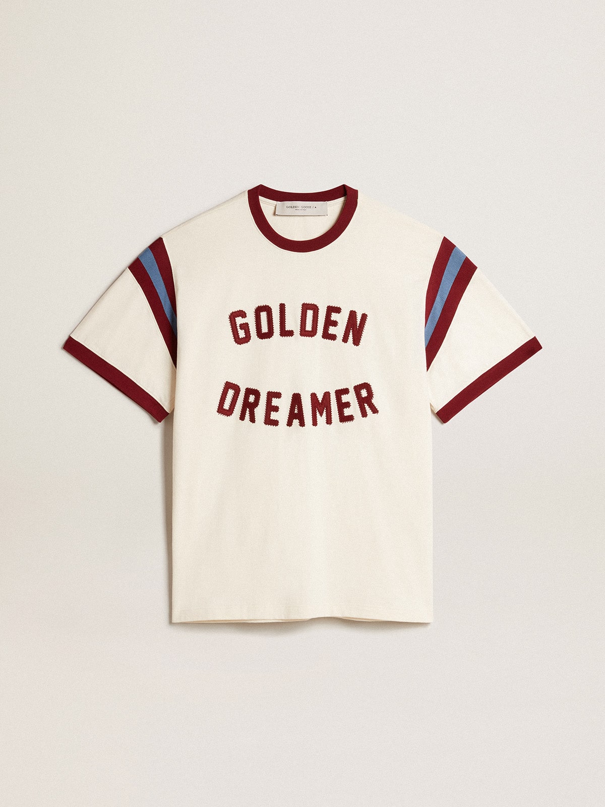 Men's white T-shirt with burgundy lettering on the front