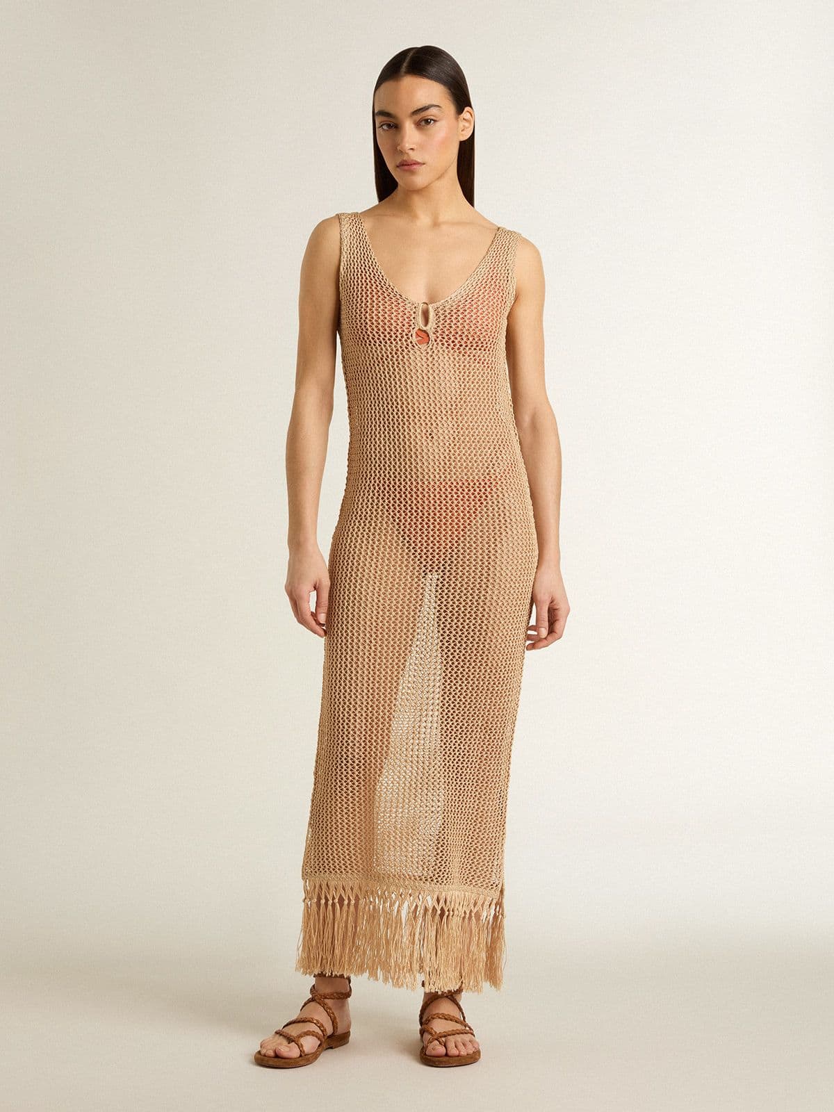 Women's sleeveless midi dress in beige crochet with fringes