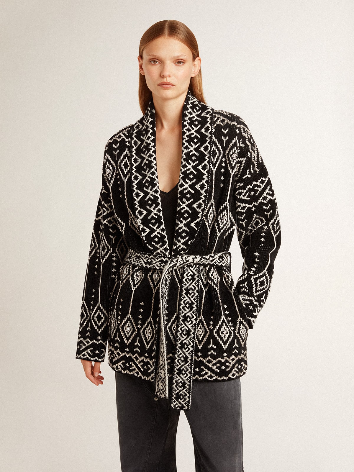 Women's black cardigan with belt and crystals