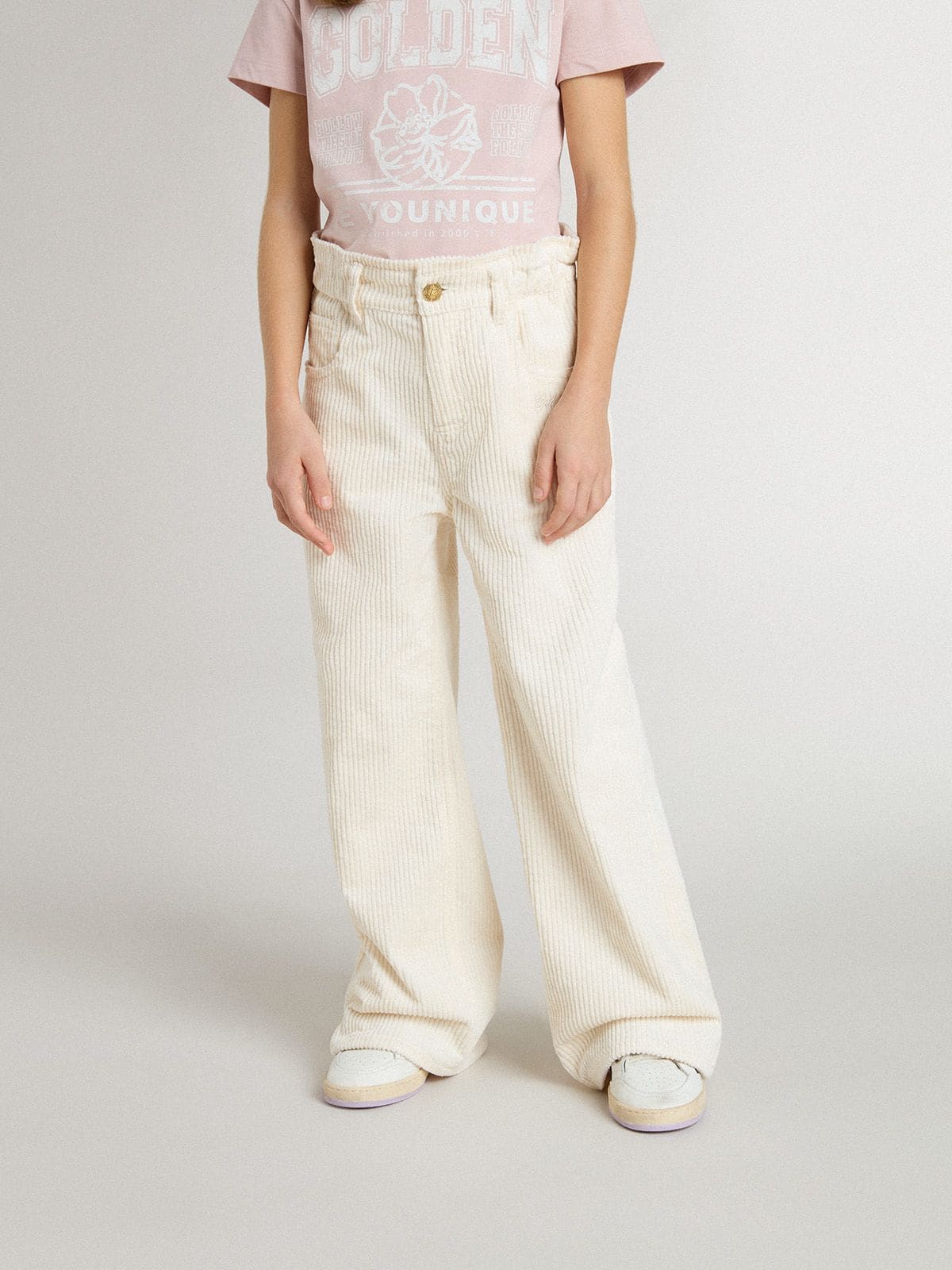 Girls' wide ribbed cream-colored trousers with embroidery