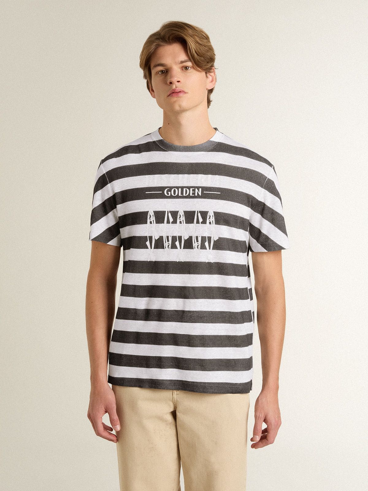 Men's white and blue striped T-shirt with Pescheria Golden print