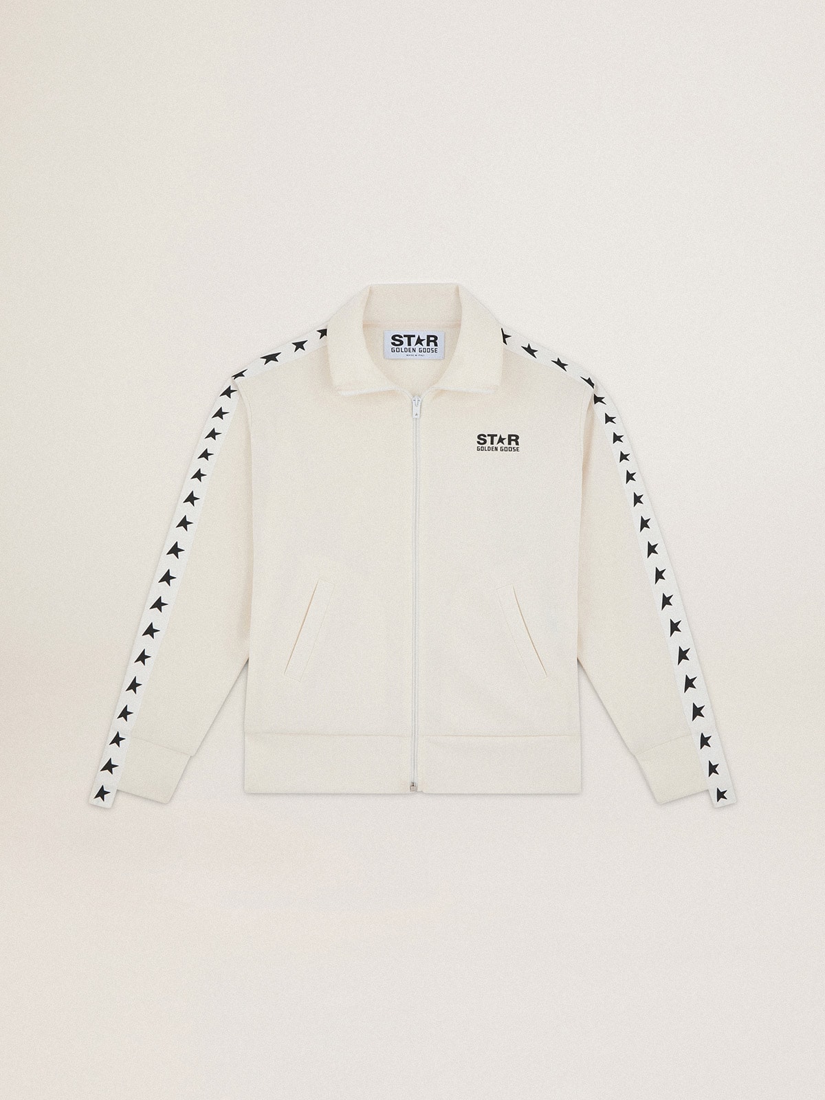 Women's white zipped sweatshirt with white strip and black stars