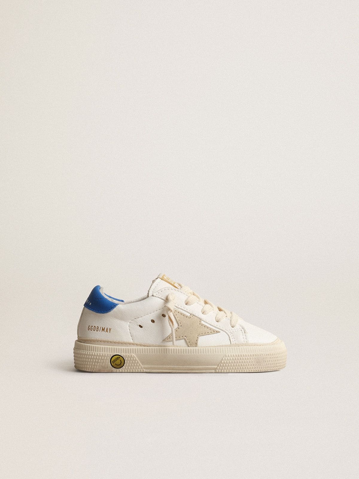 White May Teen with gray suede star and blue heel tab