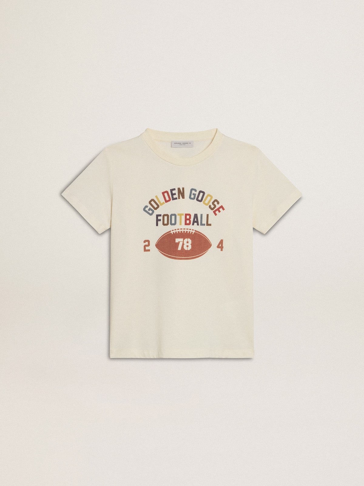 Boys' T-shirt in worn white with multicolor lettering