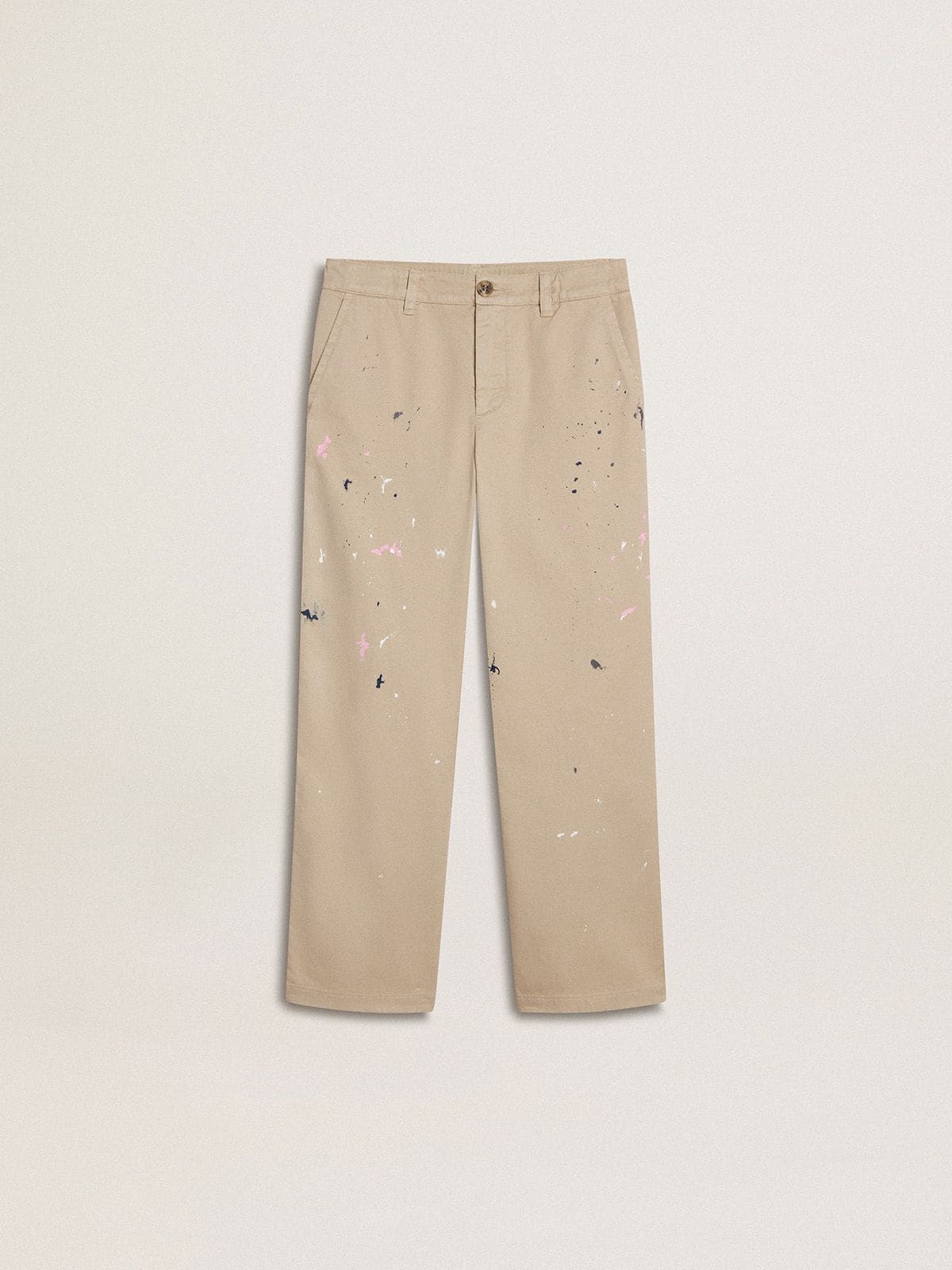 Kids' beige chino pants with multicolor splashes