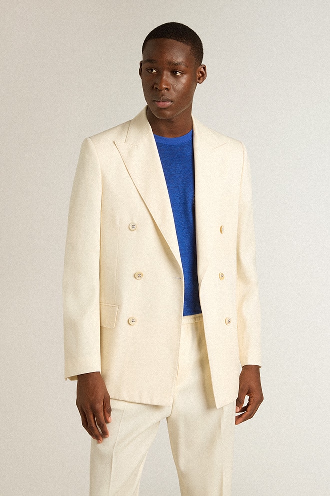 Men's cream-colored double-breasted blazer