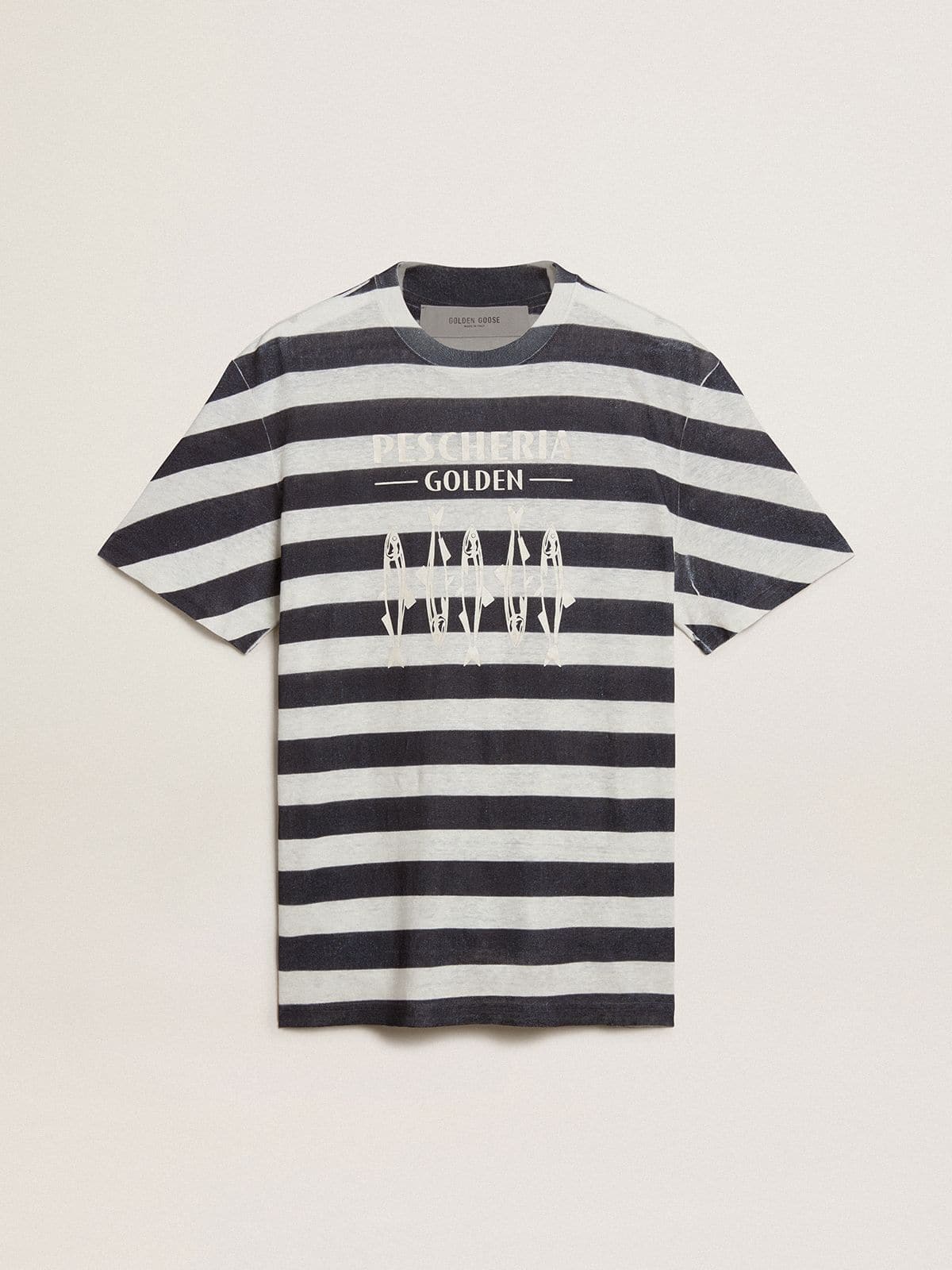 Men's white and blue striped T-shirt with Pescheria Golden print