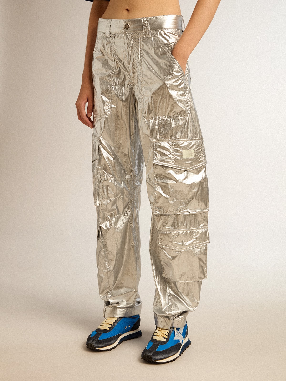 Women's cargo pants in silver technical fabric
