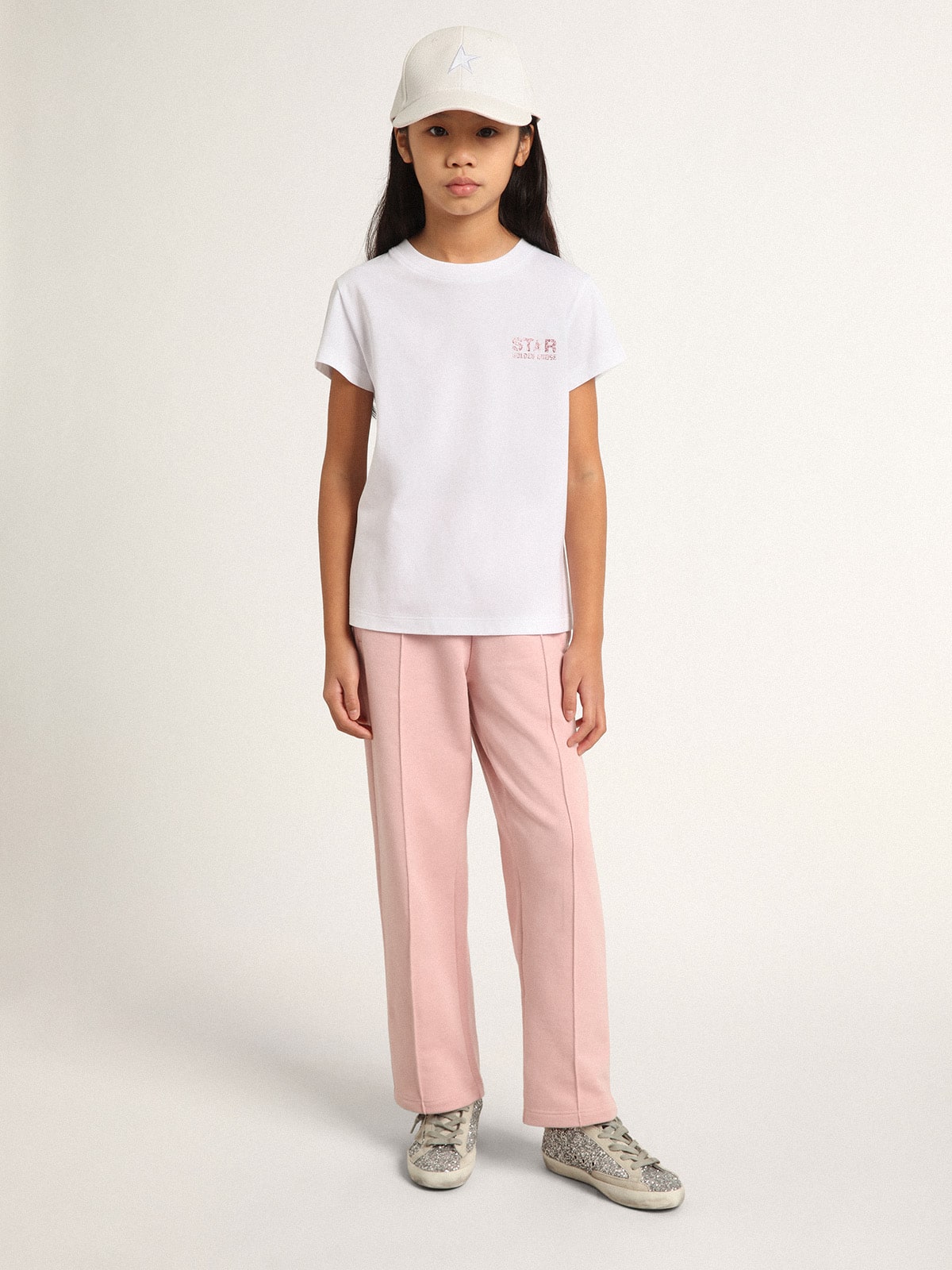 Girls' white T-shirt with pink glitter logo and maxi star