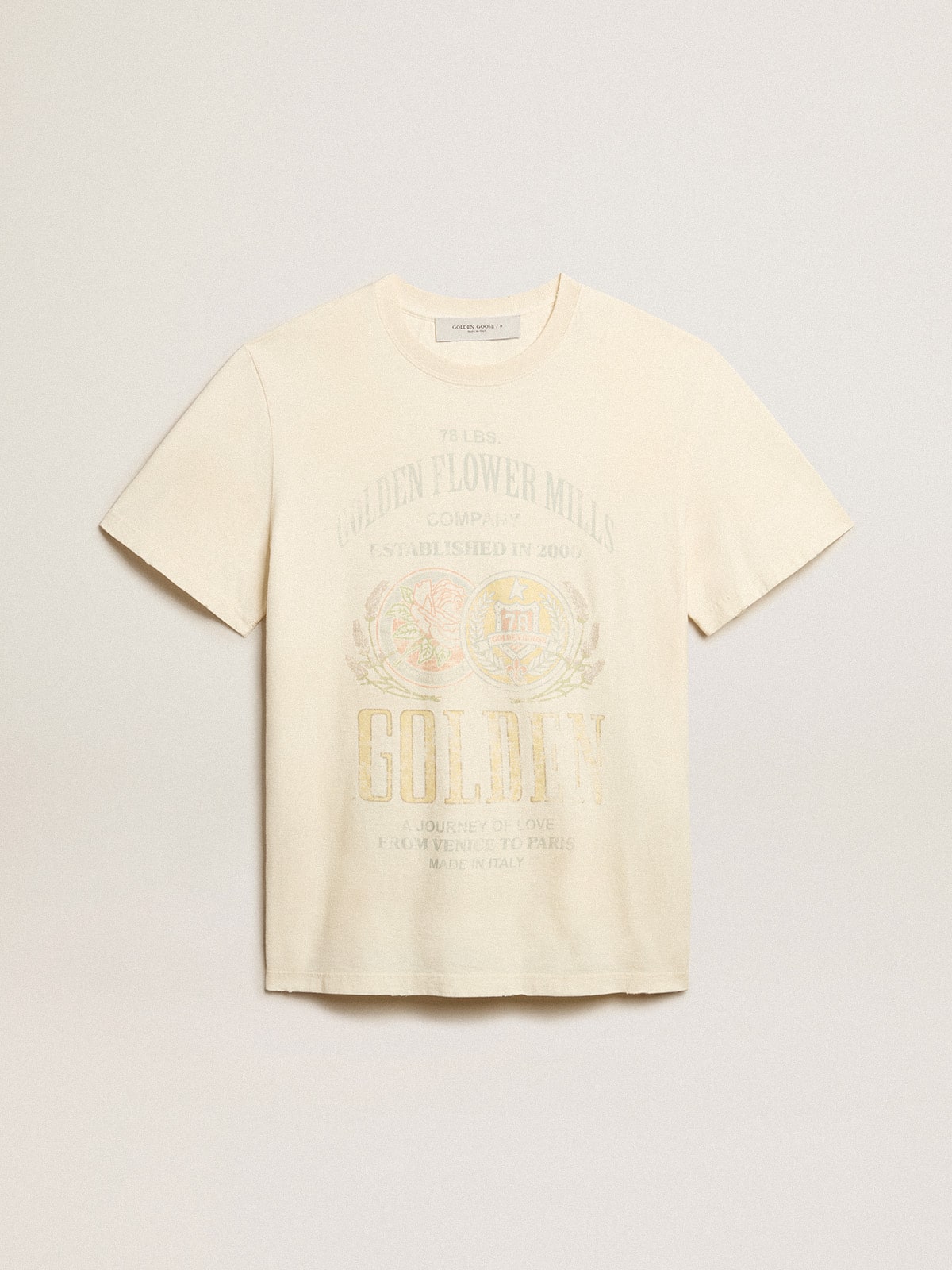 Men's aged white cotton T-shirt with print on the front