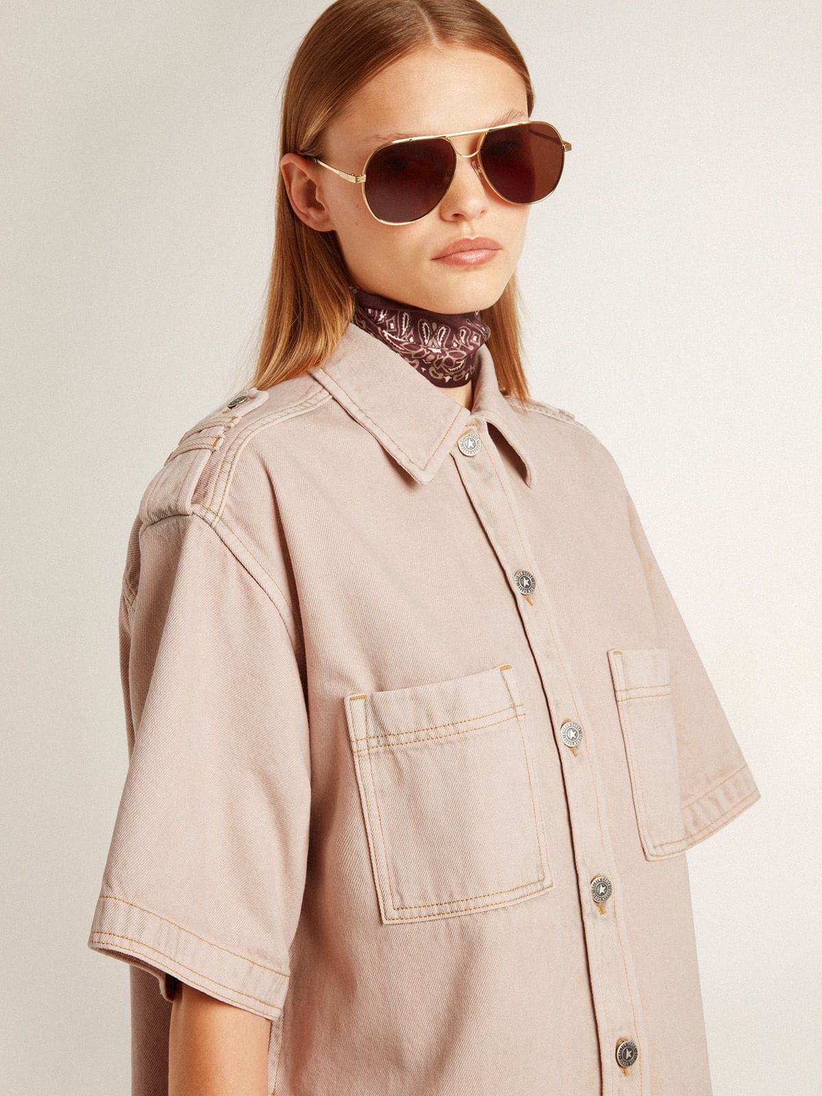 Women's oversized fit pink dyed denim shirt
