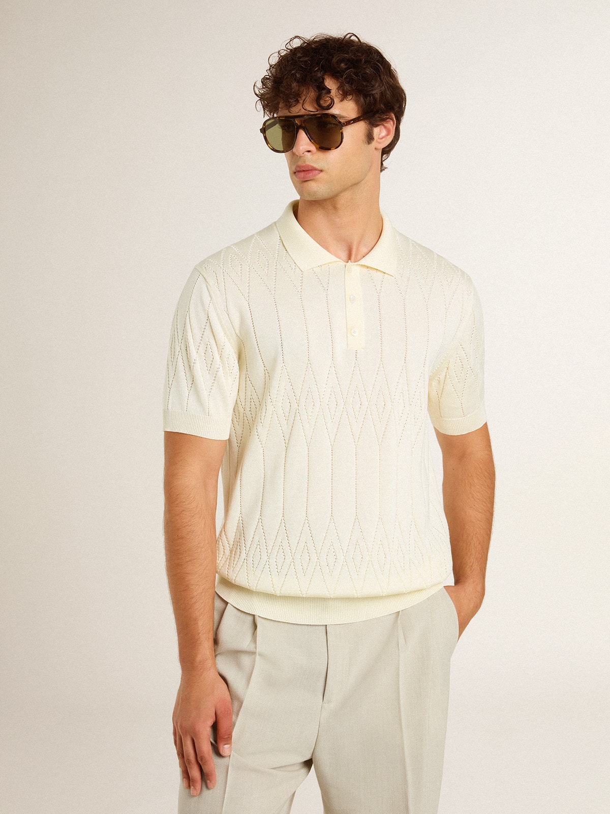 Men's white jacquard knit polo shirt