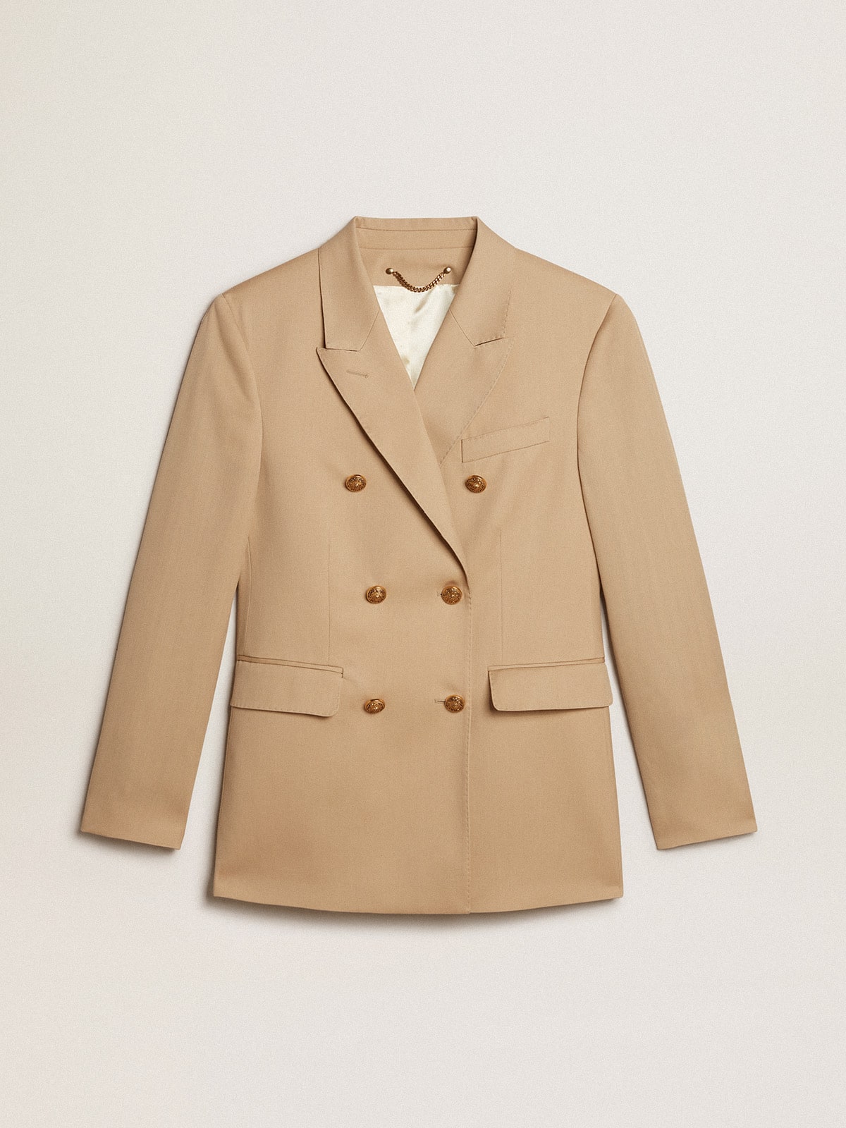 Women's double-breasted blazer in sand with gold heraldic buttons