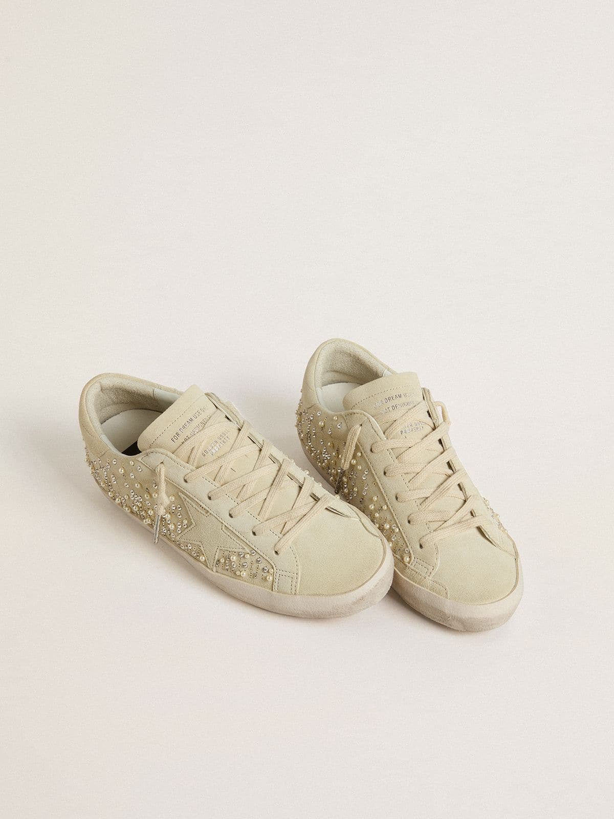 Women's Super-Star in beige suede with pearls and Swarovski crystals