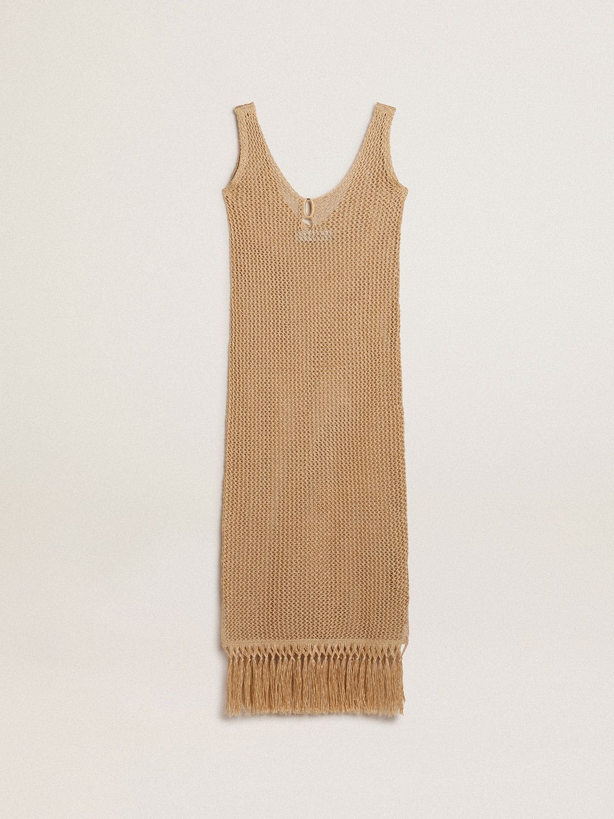 Women's sleeveless midi dress in beige crochet with fringes