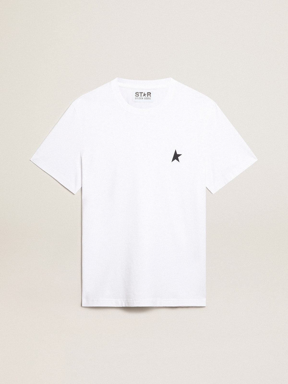 Men's white T-shirt with dark blue star on the front