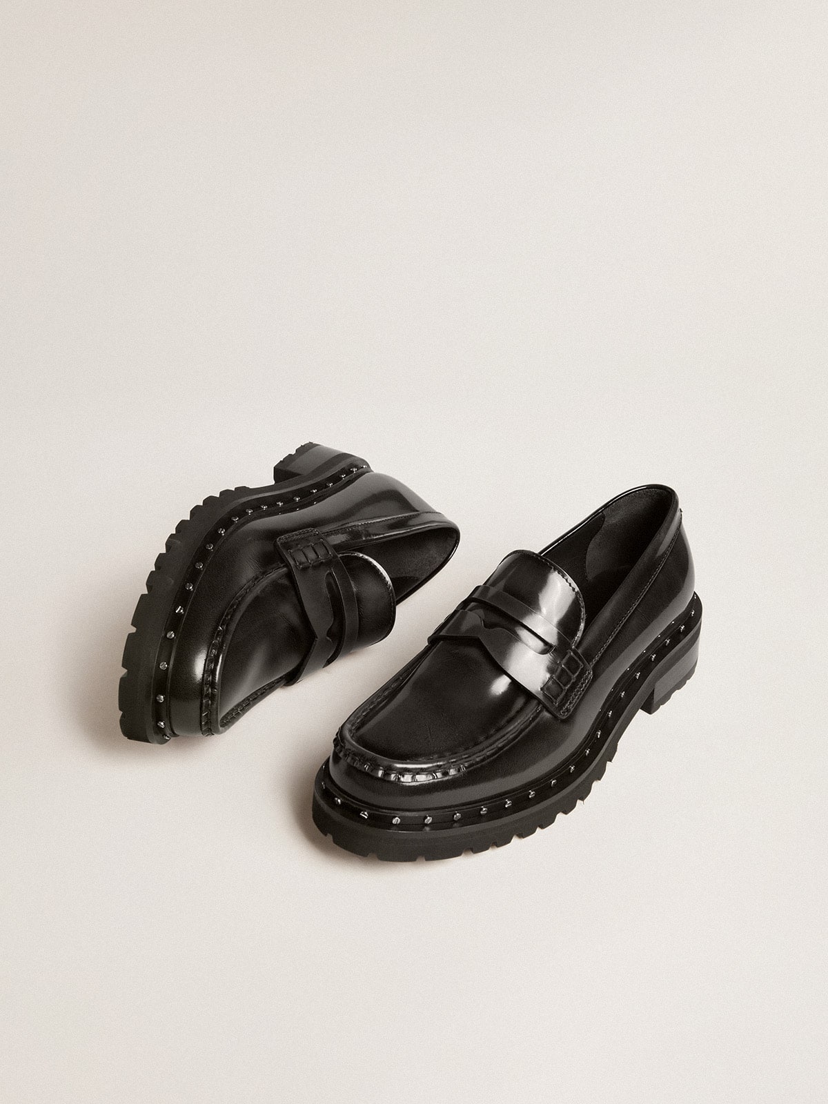 Women's chunky loafers in studded black leather