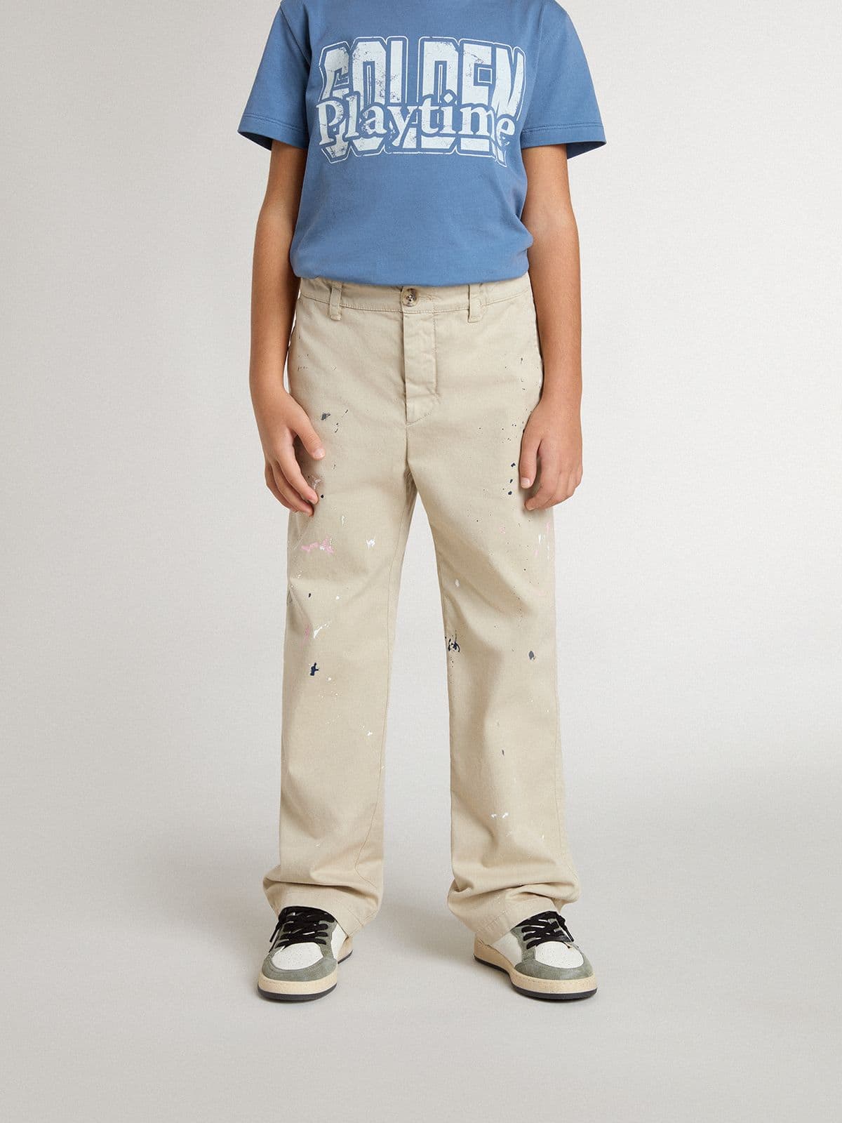 Kids' beige chino pants with multicolor splashes
