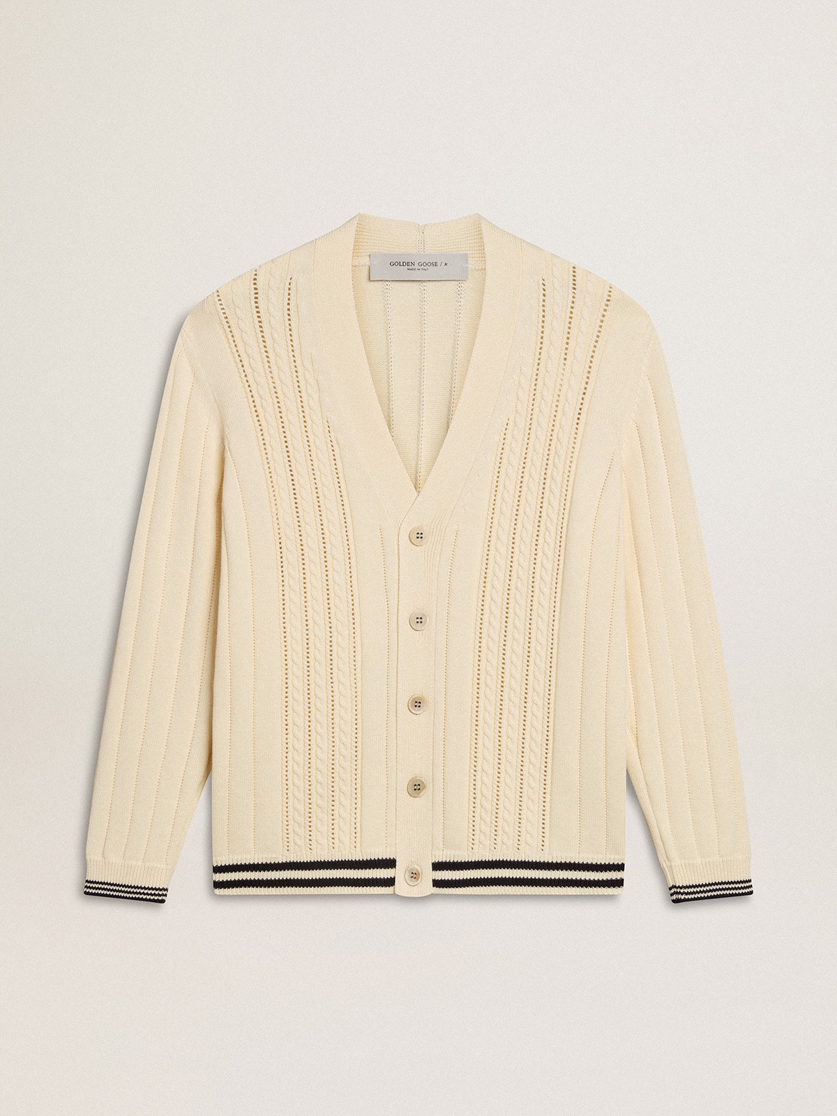 Men's white cotton cardigan with a cable pattern and blue ribbing