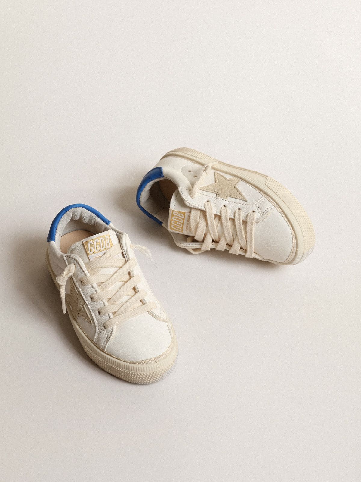 White May Teen with gray suede star and blue heel tab