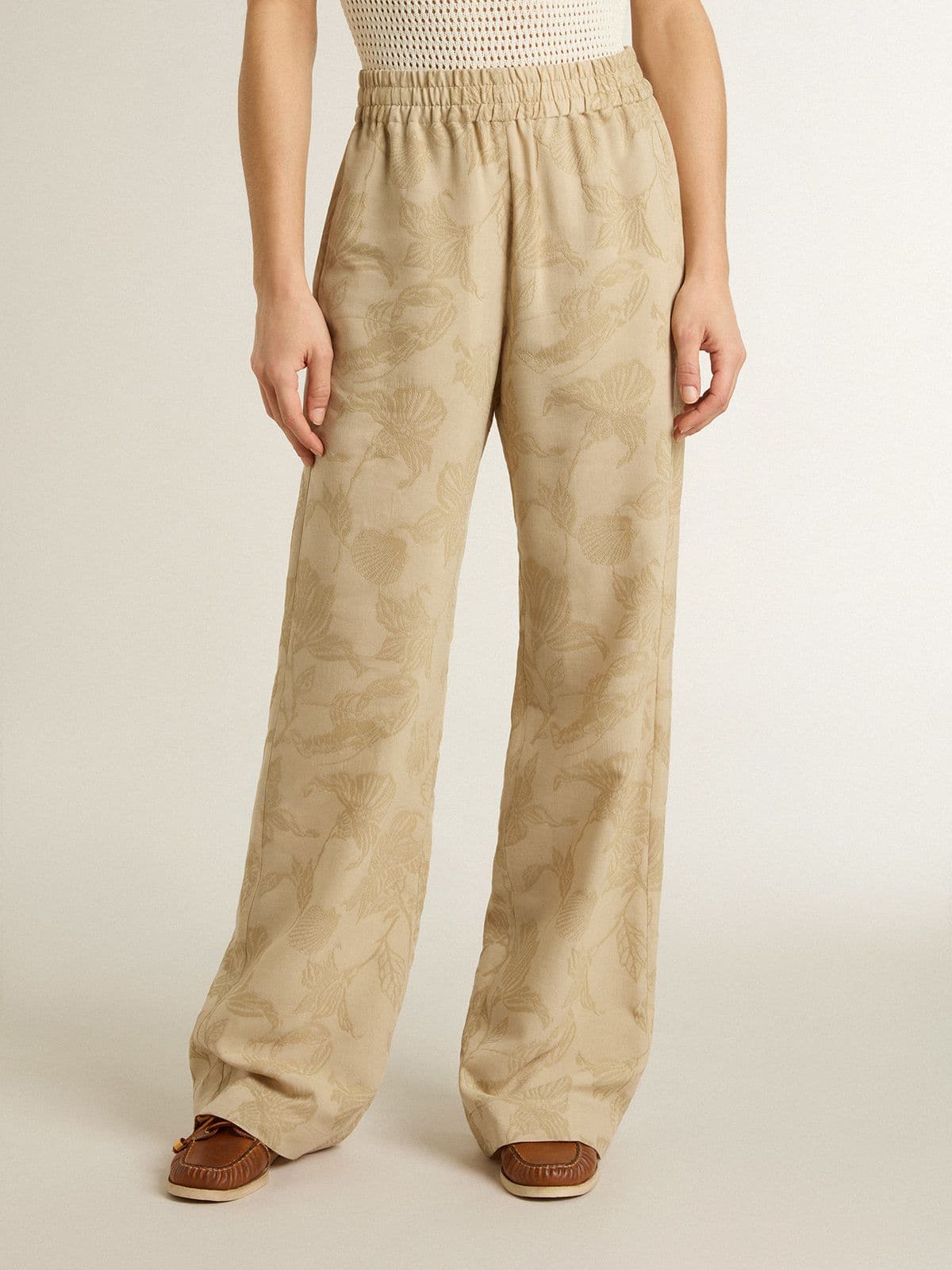 Women's pajama pants in beige jacquard with floral pattern