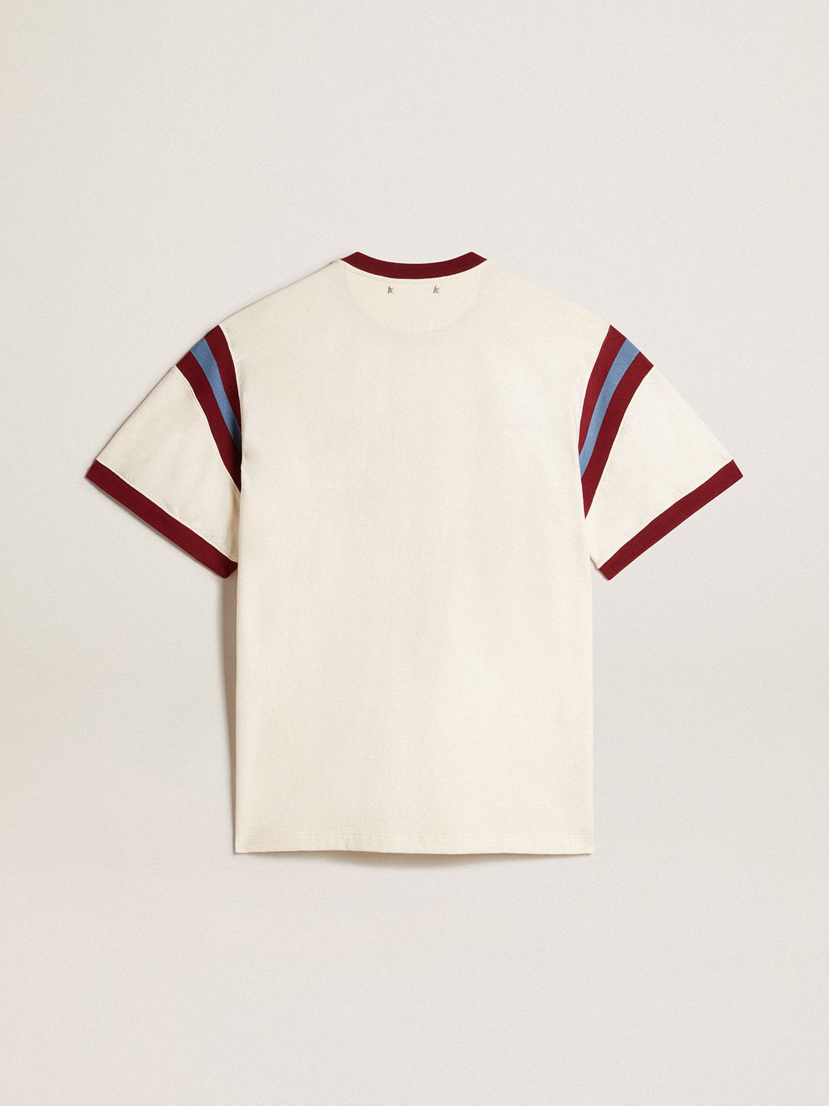 Men's white T-shirt with burgundy lettering on the front