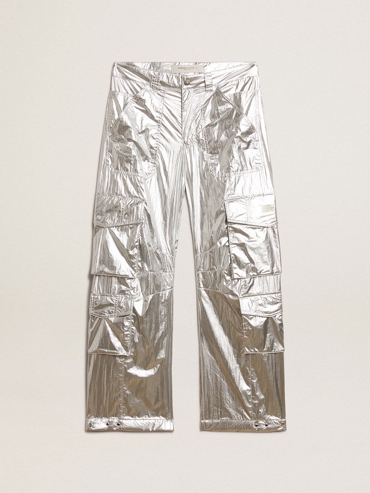 Women's cargo pants in silver technical fabric