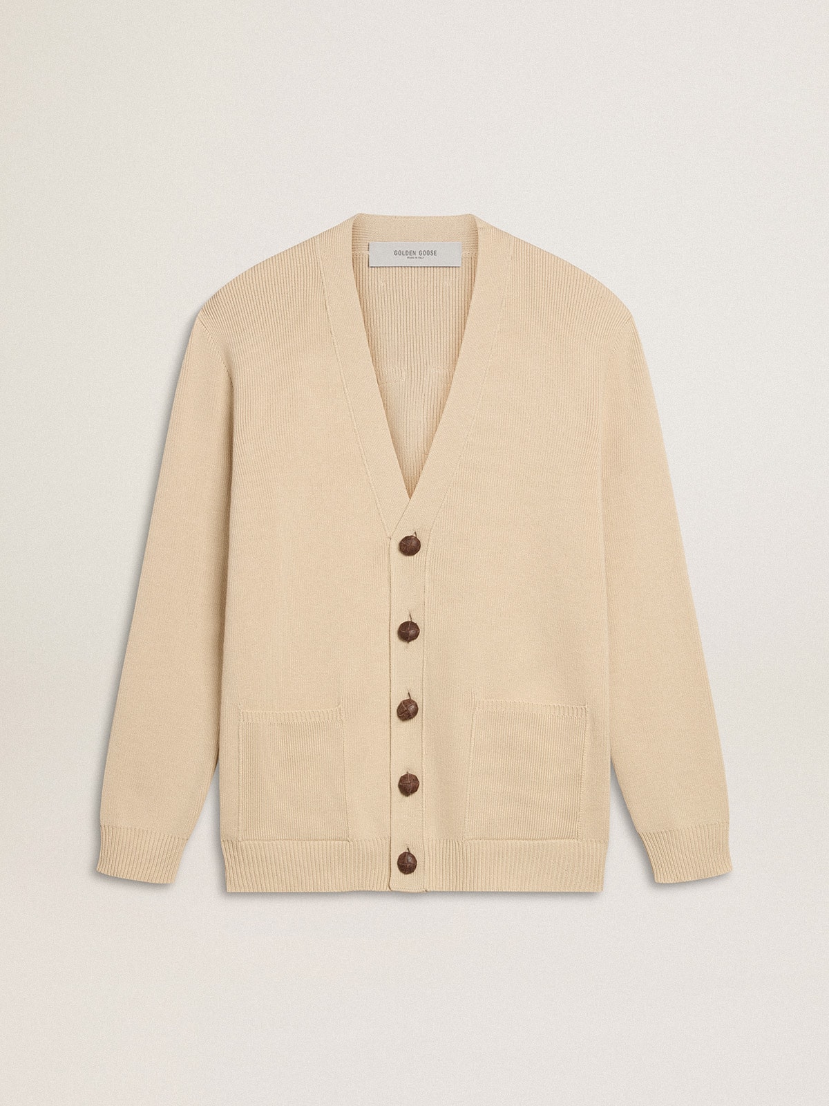 Men's beige cardigan with 'Golden' lettering on the back