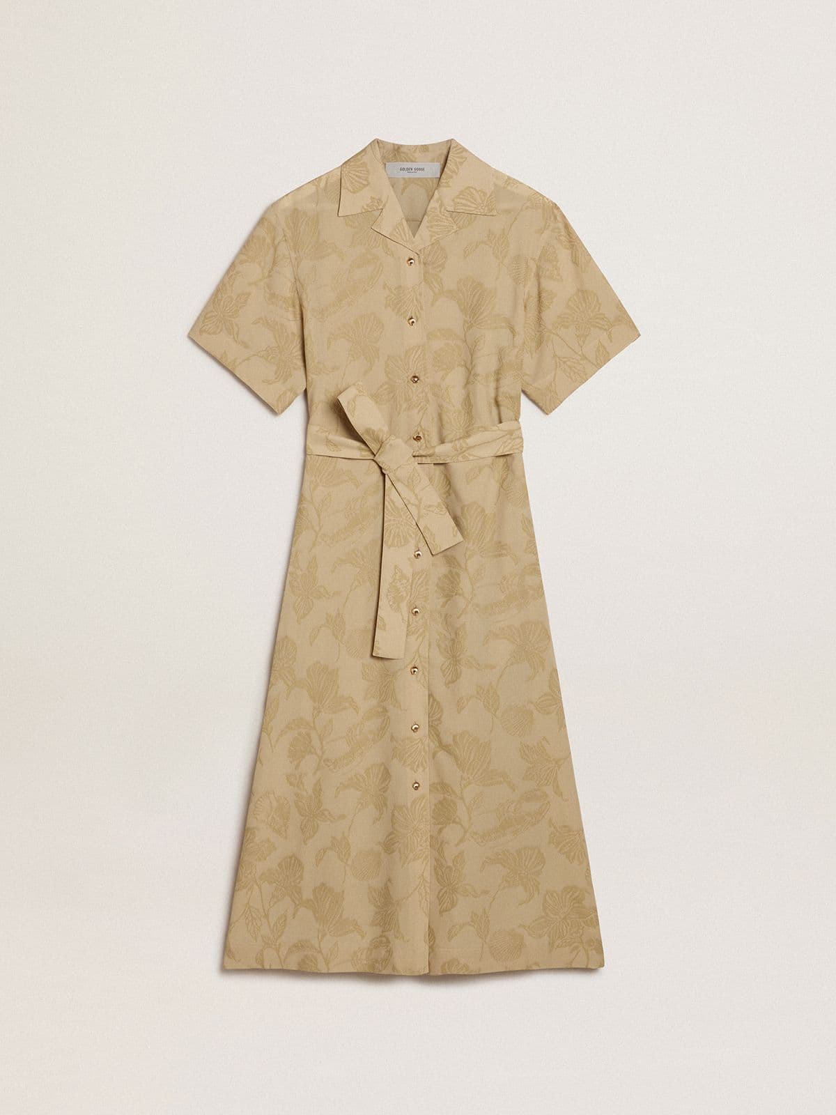 Women's short-sleeved shirt dress in beige floral jacquard