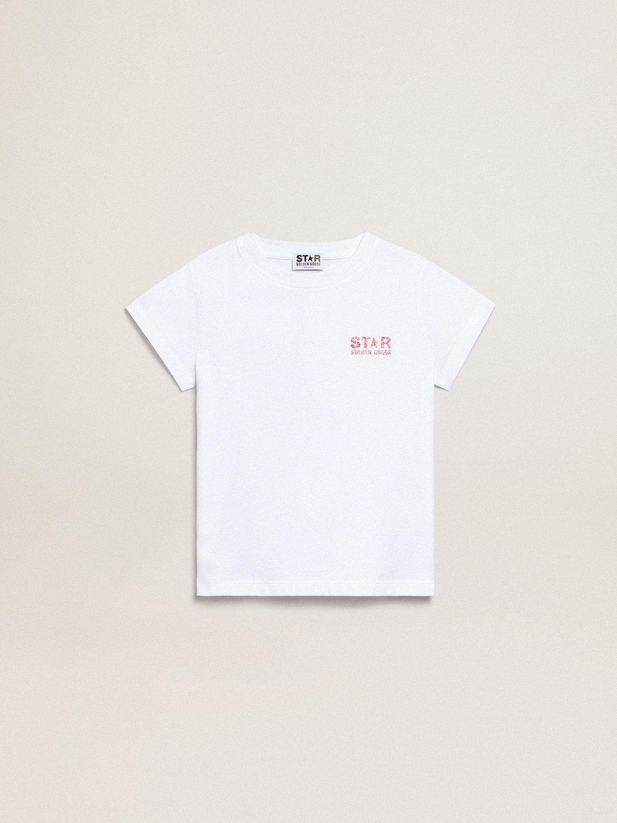 Girls' white T-shirt with pink glitter logo and maxi star