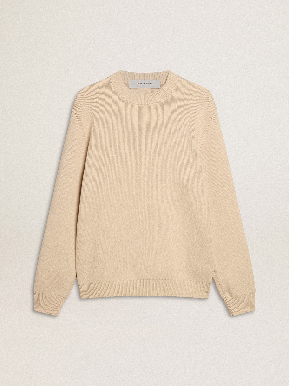 Men's beige crew neck sweater with ‘Golden' lettering on the back