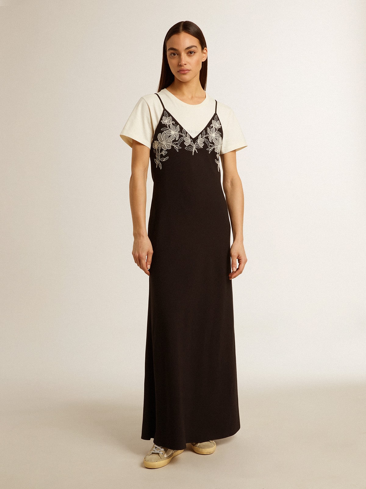 Women's black slip dress with embroidery