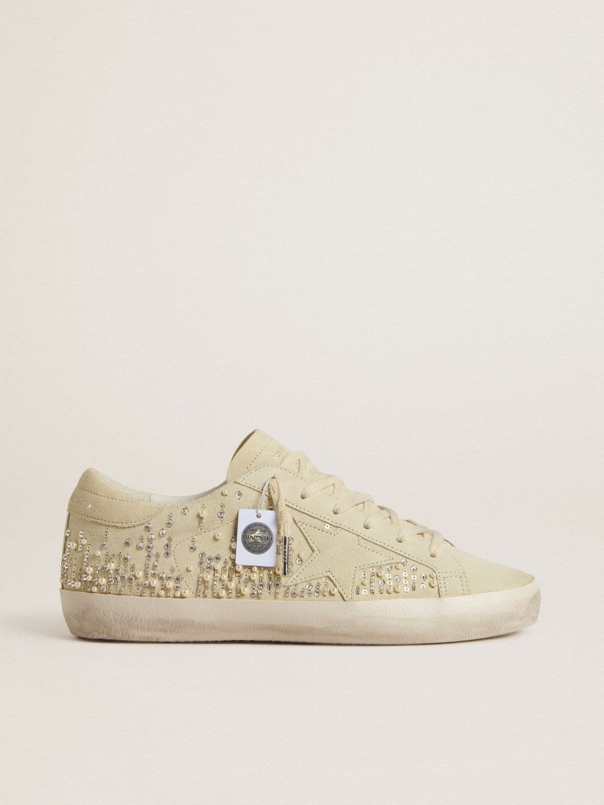 Women's Super-Star in beige suede with pearls and Swarovski crystals