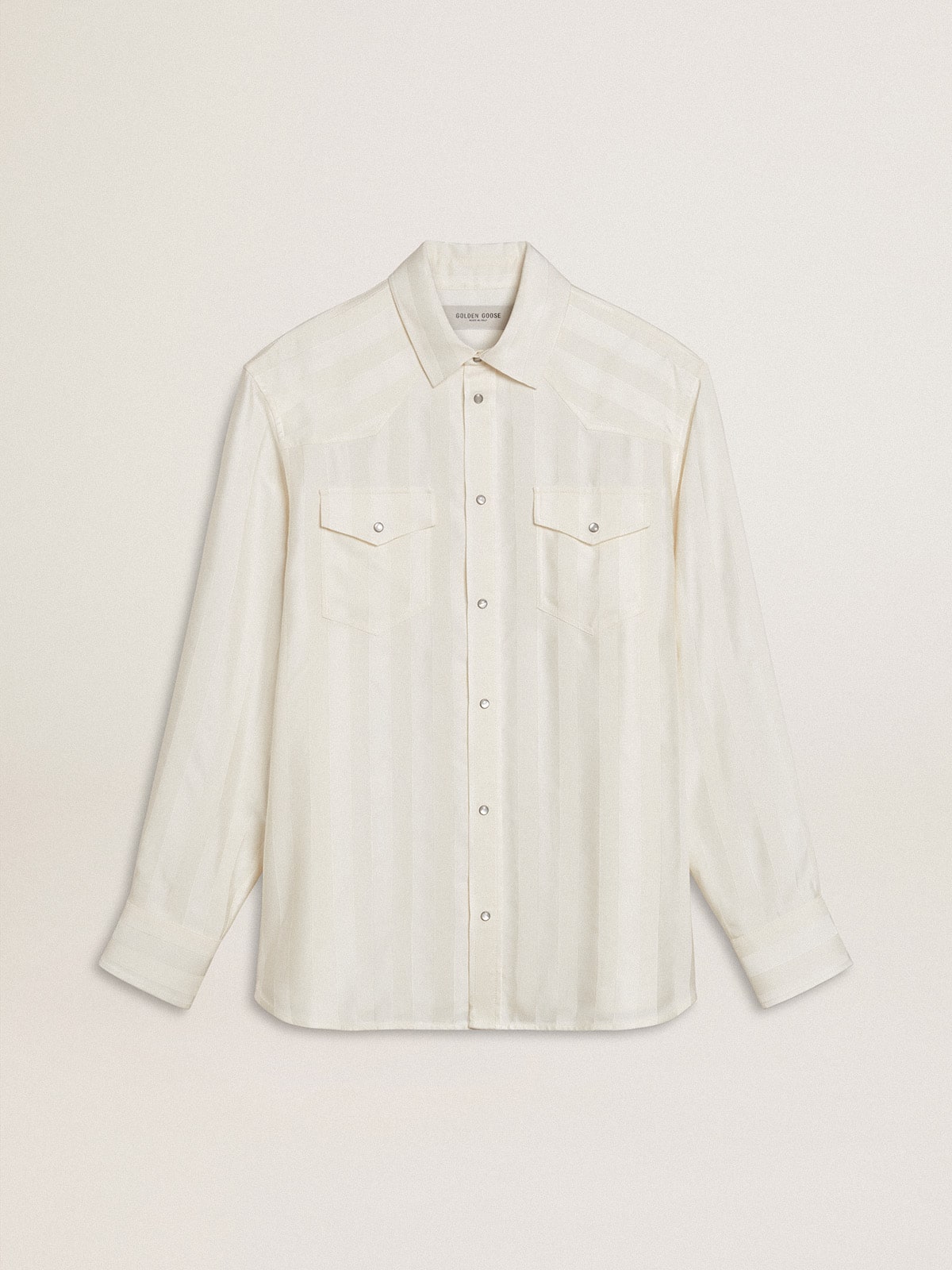 Men's oversized worn-white shirt with vertical stripes