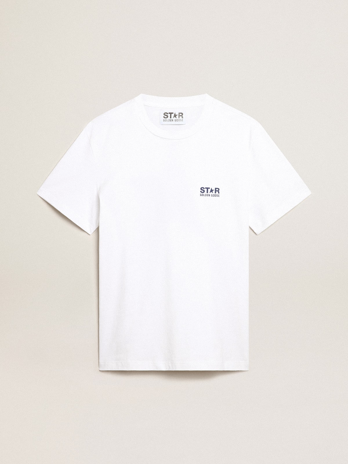 Men's white T-shirt with dark blue star on the back