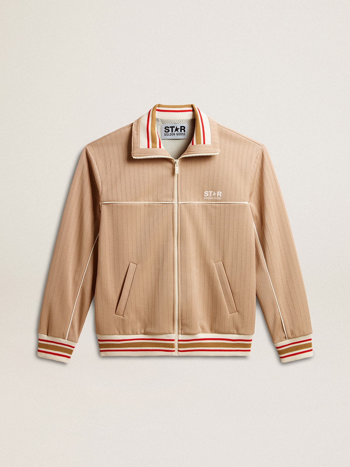 Men's light beige zipped sweatshirt with white logo