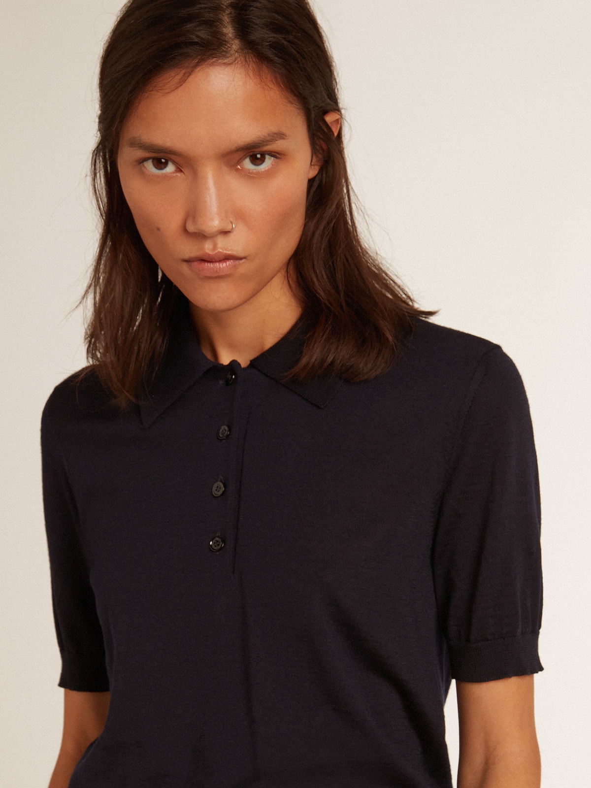 Women's polo shirt in navy-blue merino wool