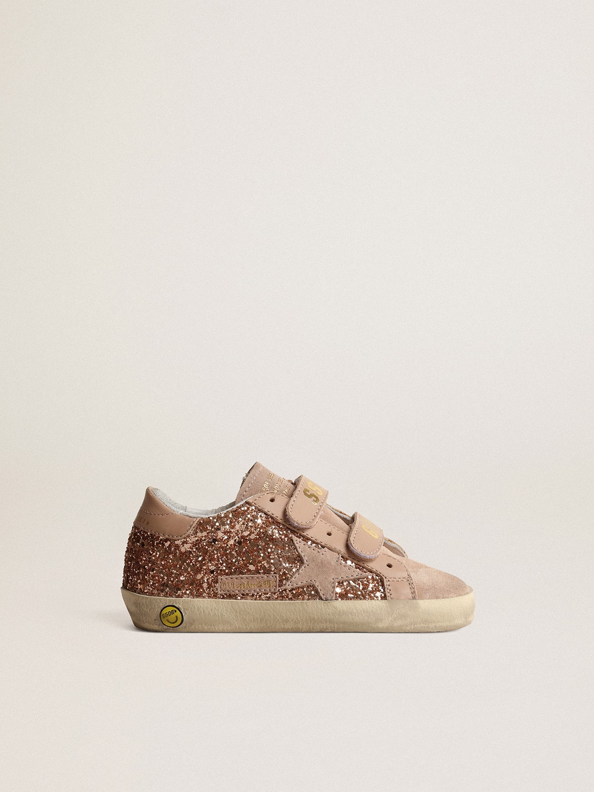 Old School Junior in peach-pink glitter with pink suede star