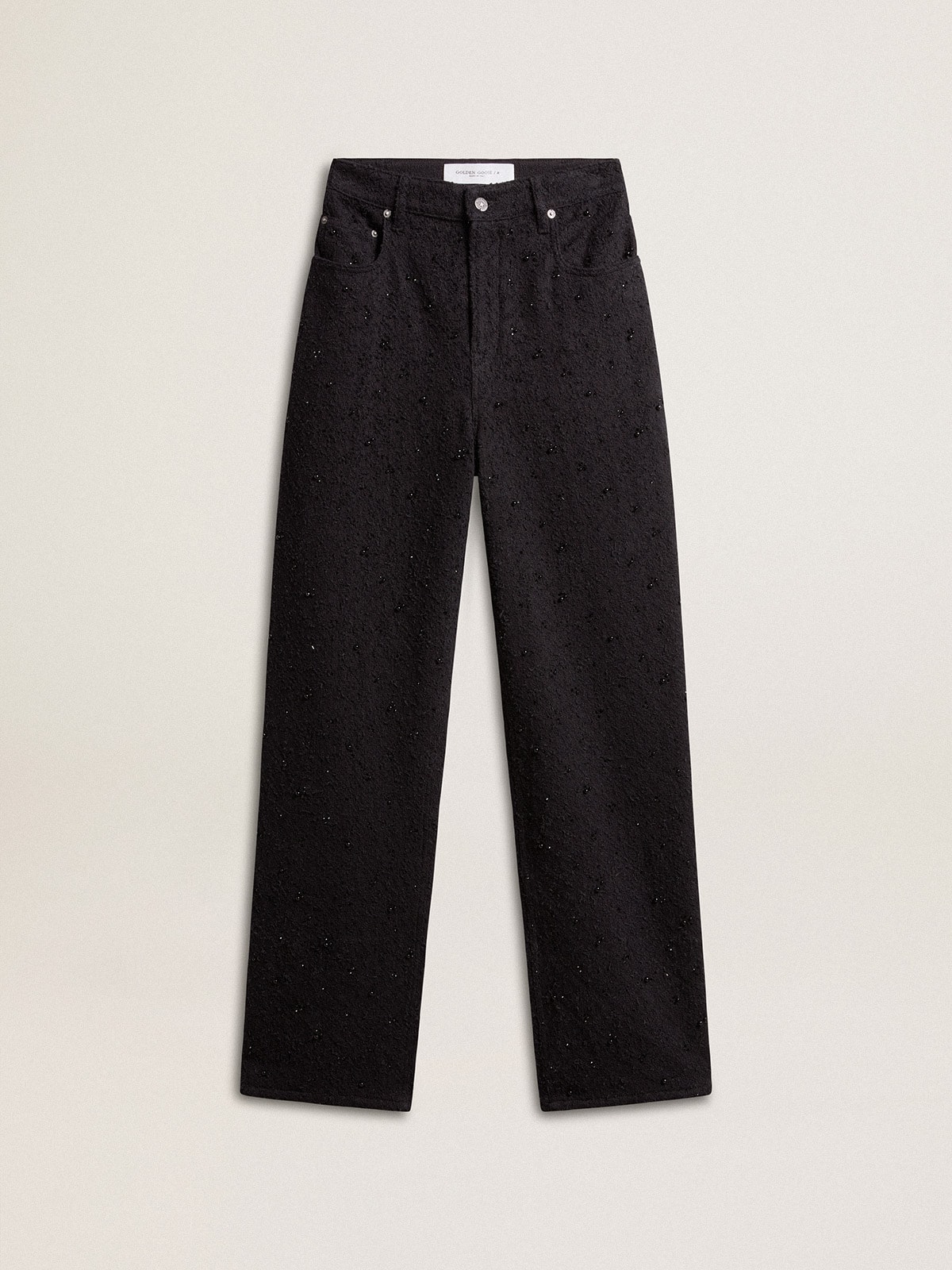 Women's cotton denim pants with crystal and stone decoration