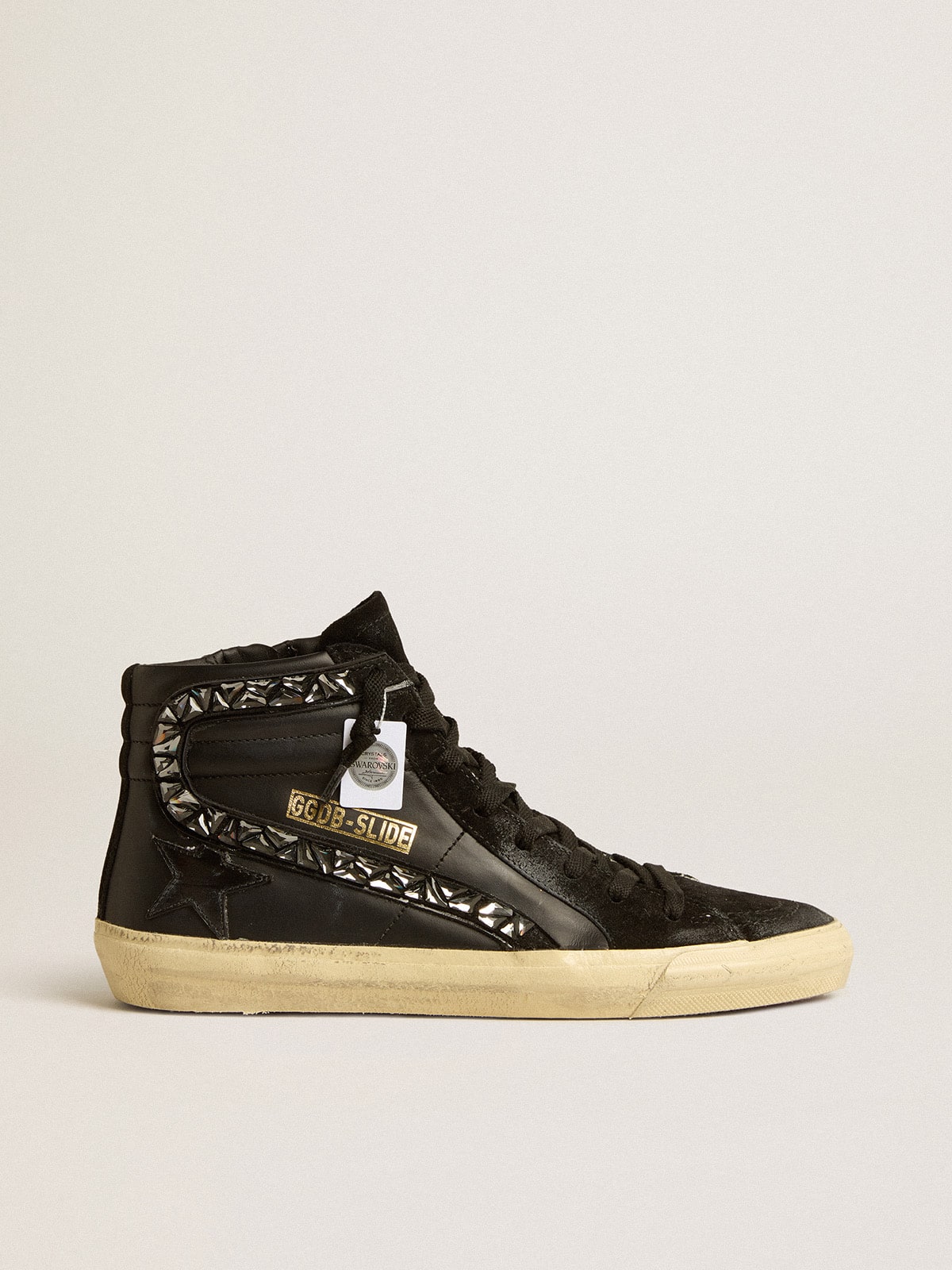 Slide in leather with black star and Swarovski crystal flash