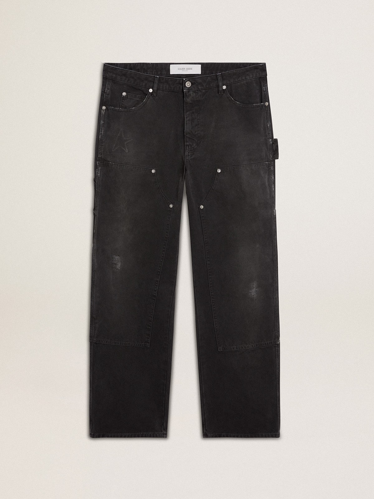 Men's distressed black cotton jeans with front patches