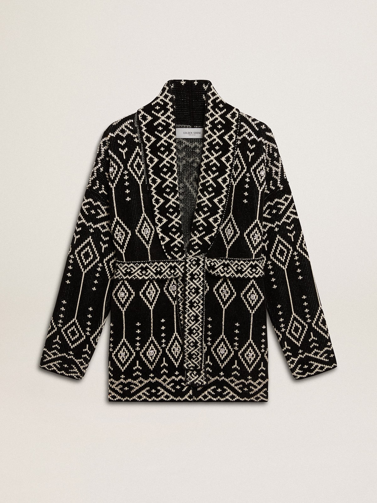 Women's black cardigan with belt and crystals