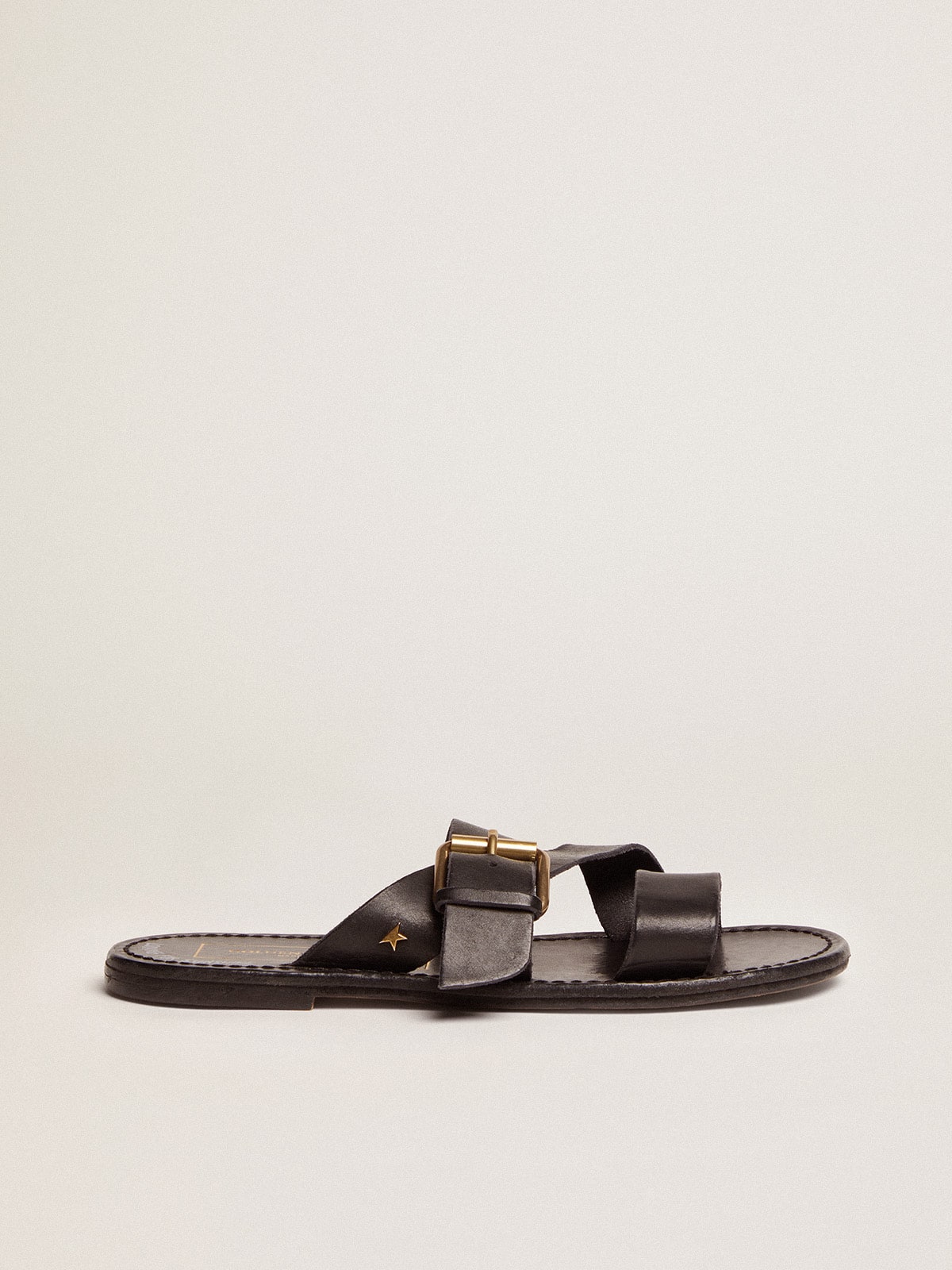 Women's Margaret flat sandals in black resin-coated leather