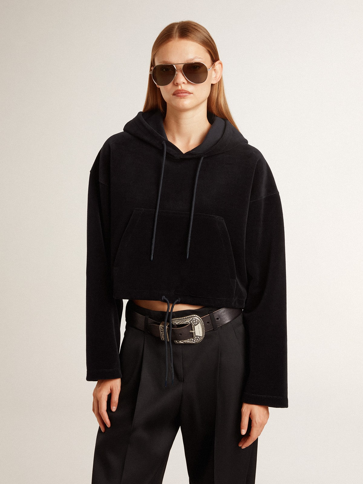 Women's black chenille sweatshirt with embroidery on the back
