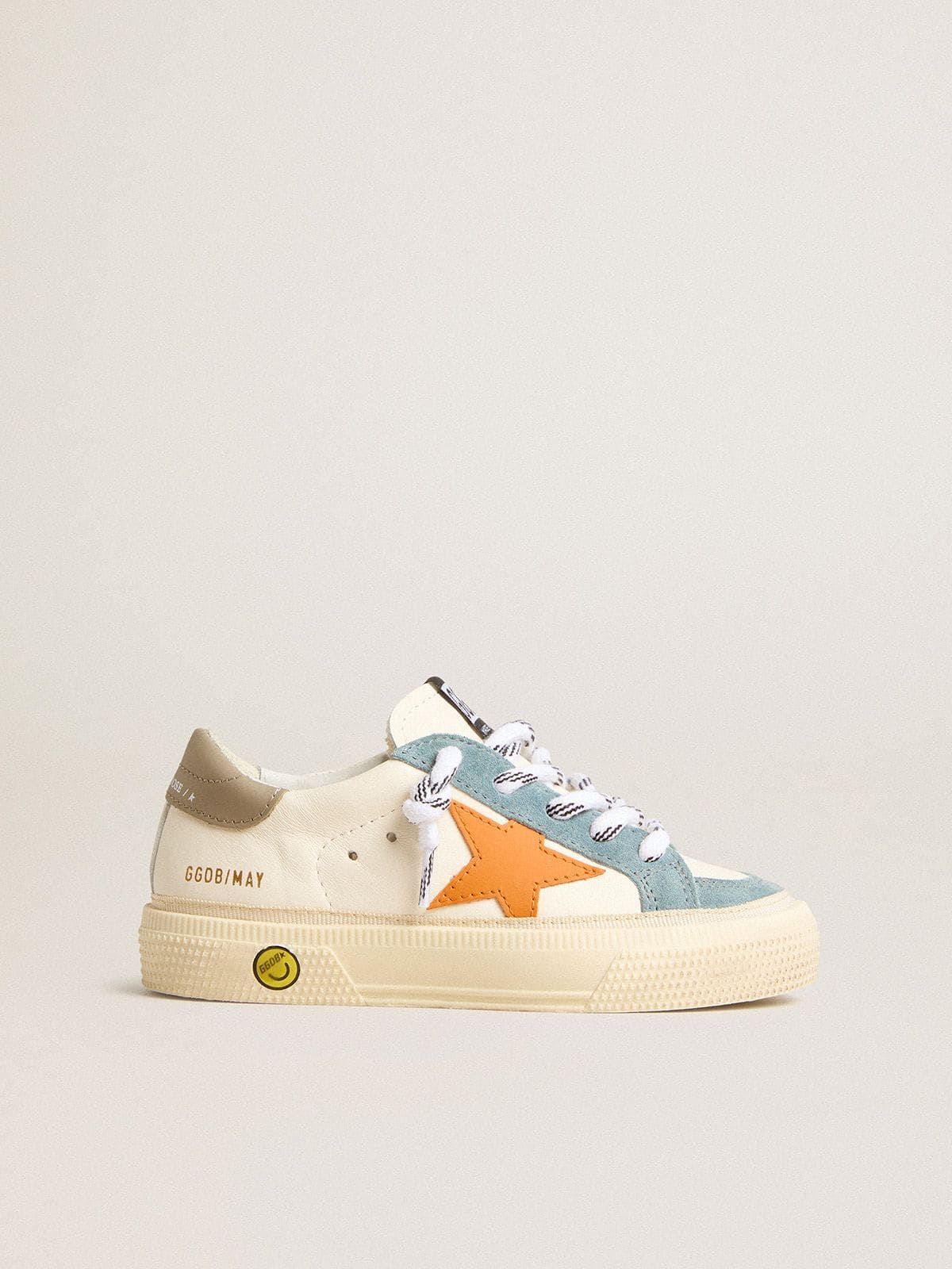 May Teen in nappa with orange leather star and blue suede inserts