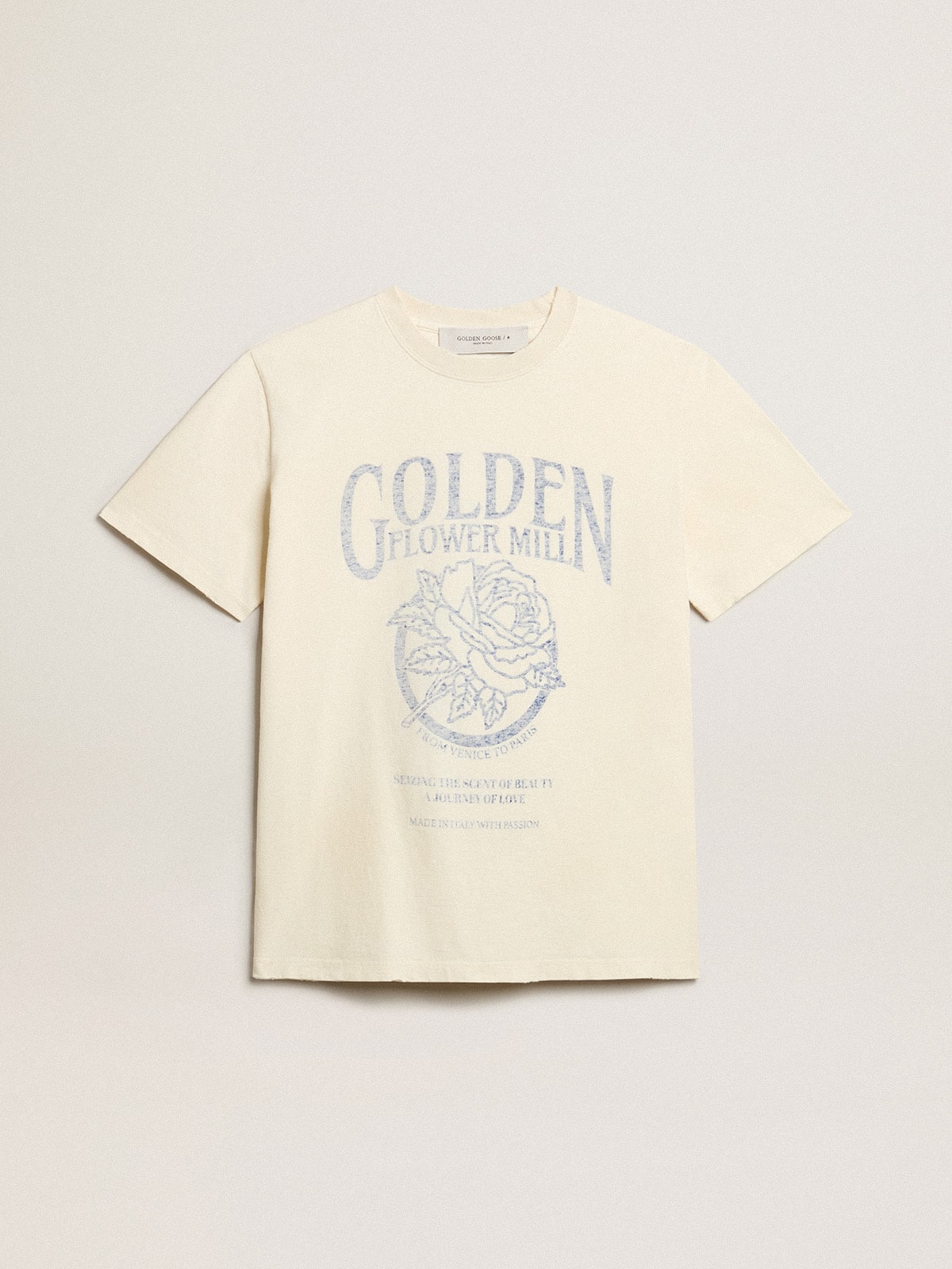 Women's T-shirt in aged white cotton with seasonal print