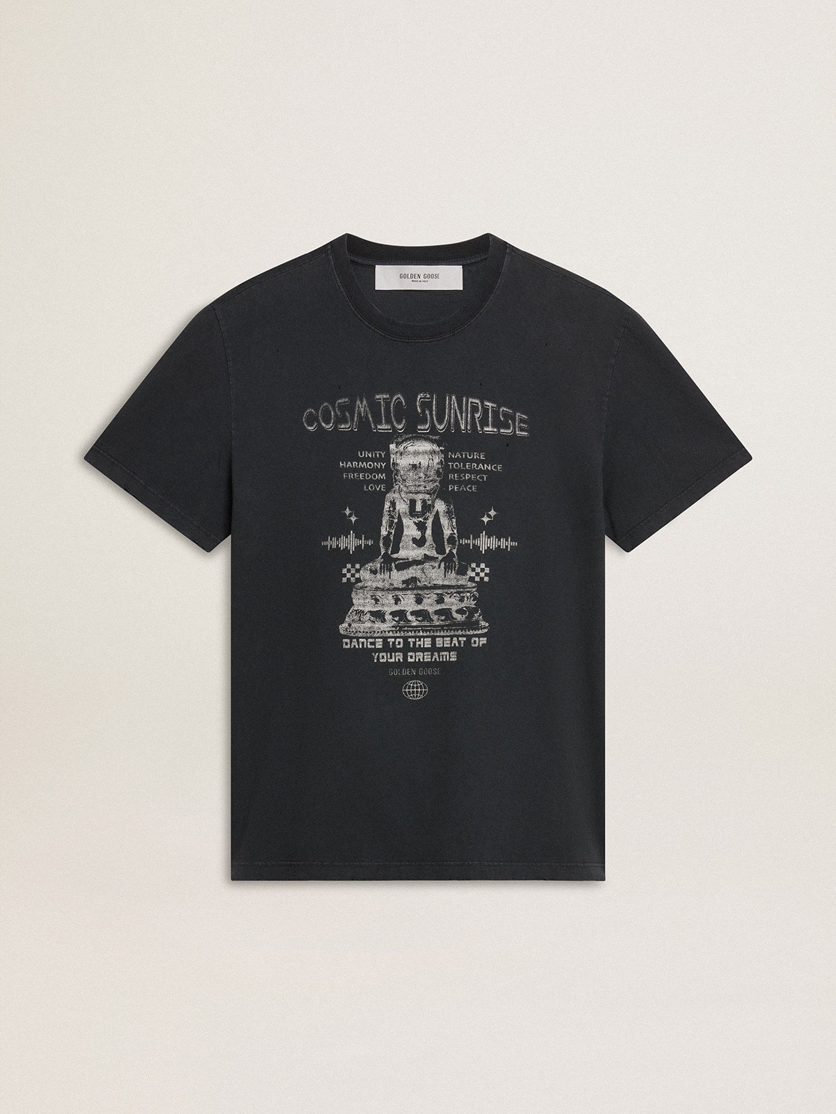 Men's worn-black cotton T-shirt with print on the front