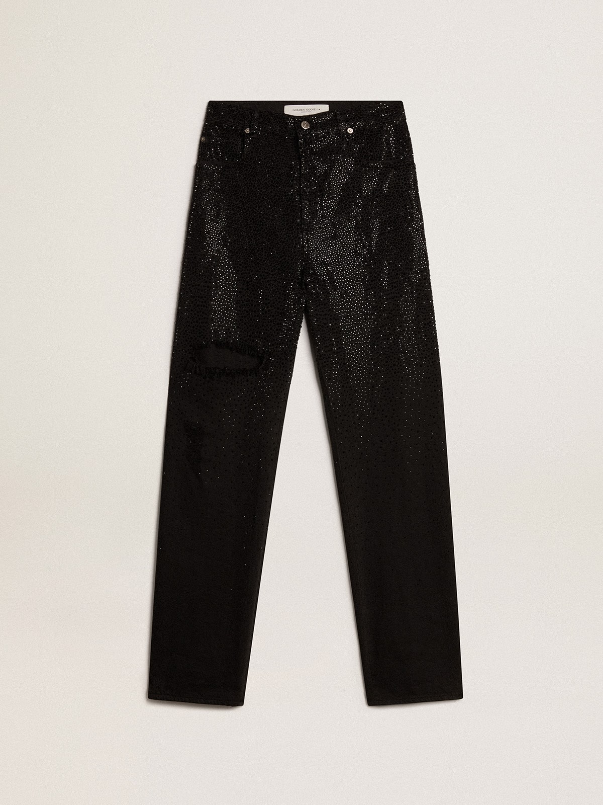 Women's cotton denim pants with shaded-effect crystal decoration