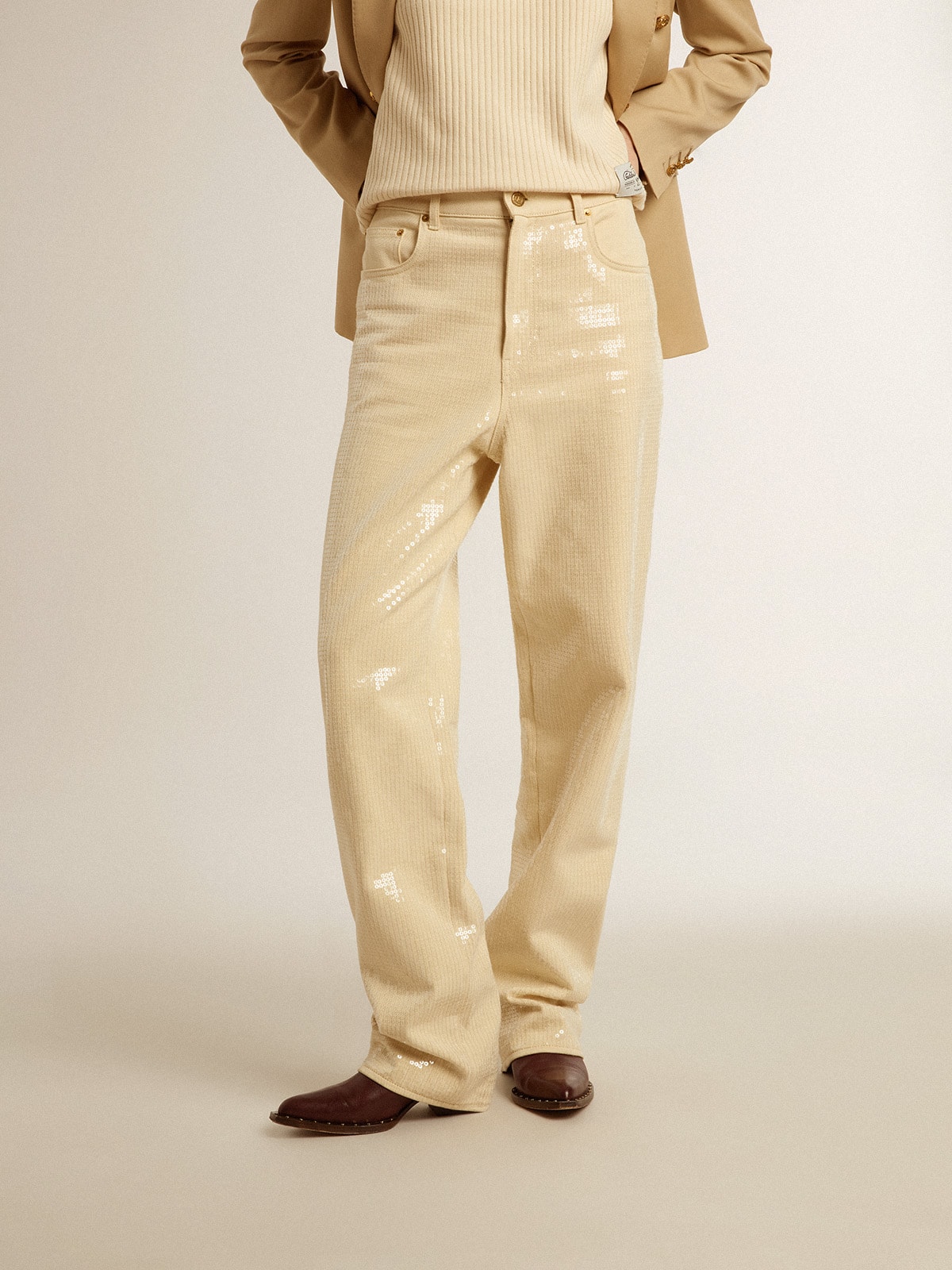 Ecru pants with transparent all-over sequins