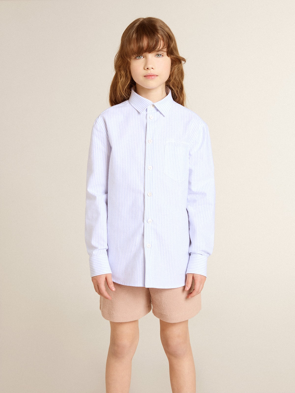 Girls' striped shirt with embroidered lettering on the pocket